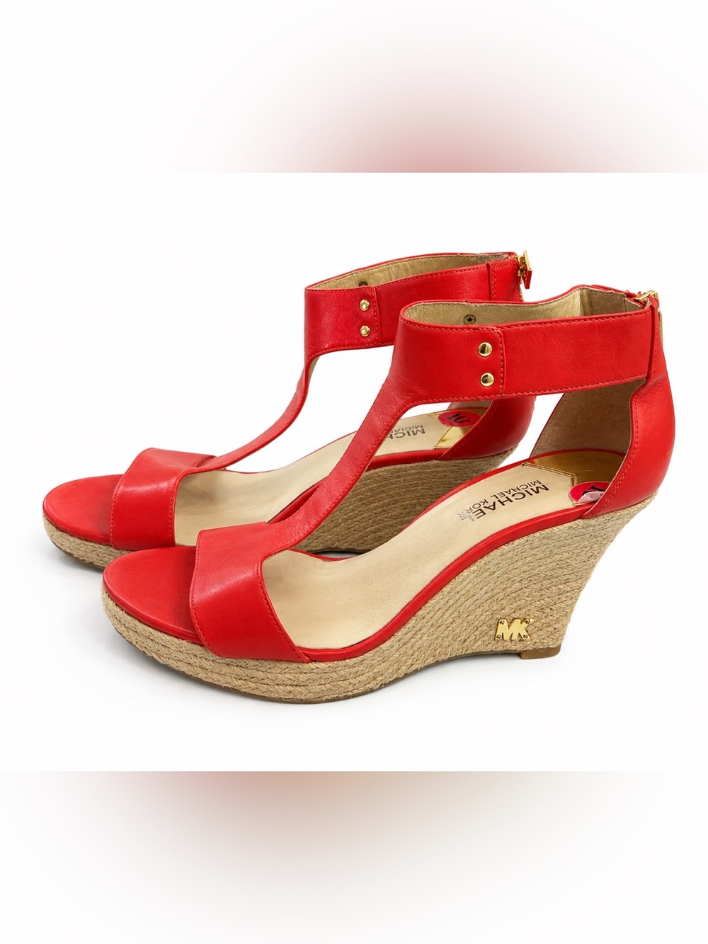 Michael Kors Red T-Strap Wedge Sandals with MK Logo - Women Size 10
